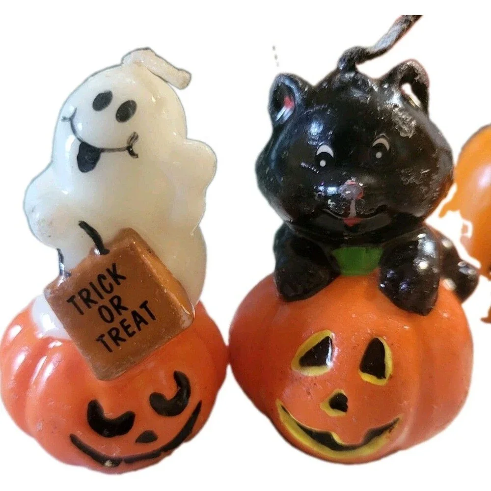 Vtg Halloween Candles Holiday Decor Ghost Witch Jack O Lantern Black Cat Russ